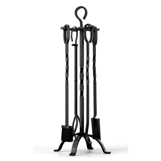 5-Piece Fireplace Tools Set 31’’, Heavy Duty Wrought Iron Fire Place Toolset with Poker, Shovel, Tongs, Brush, Stand for Outdoor Indoor Chimney, Hearth, Stove, Firepit-Easy to Assemble, Black