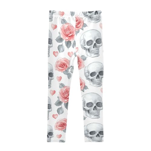 Pink Rose Flower Skull Hearts Girls Leggings Kids Yoga Pants Dance Active Tights 4T2