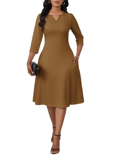Image of PinkPatty Women's Casual 3 /4 Sleeve Midi Dresses Fit and Flare Church Work Dress with Pockets