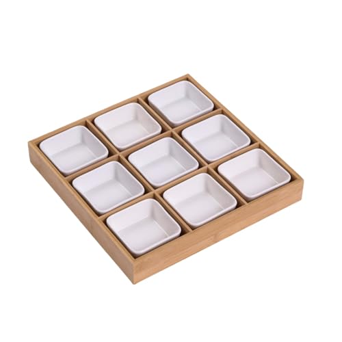 MORLU お皿 小皿セット和風 小皿 竹トレイ 陶器 前菜皿 盛り鉢 深型 仕切り付き 天然木 9点小鉢 醤油皿 前菜皿 盛り鉢 和食器 セラミック アイスクリーム ソース皿 火鍋 焼肉屋 寿司屋 食洗機 (9つの正方形のグリッド+9つの白いメラミンプレ