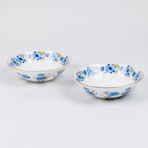 Image of GOLDEN QUEEN'S Bowls Set of 2 | Ideal for Snacks, Noodles, Ramen, Salad, Cereals, Rice | Microwave Safe | Handcrafted - Blue Floral in Wild Bush
