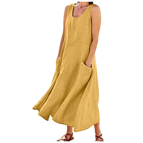 Plus Size Cotton Linen Summer Dresses for Curvy Women 2025 Sleeveless Maxi Vacation Beach Sundresses with Pockets