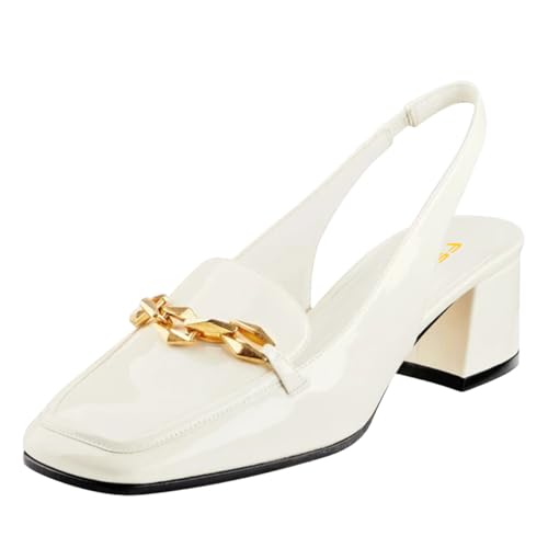 FSJ Women Closed Square Toe Chunky Low Heels Slingback Pumps Slip On Gold Chain Formal Loafers Ladies Office Business Shoes Size 4-16 US