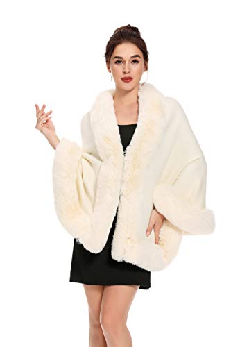 ZLYC   Poncho de piel sintética para mujer, capa de punto, bufanda, estola, cálido cárdigan, beige, Talla única