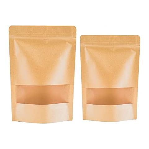 50PCS Brown Paper Food Packing Bag with Transparent Window Kraft Paper Stand Up Food Bags Kraft Paper Food Storage Pouches Reusable Ziplock Seal Bags(2 Different Sizes) Cover