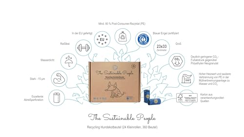 The Sustainable People TSP Recycling Hundekotbeutel - Blauer Engel zertifiziert - groß, auslaufsicher - Made in EU - 360 Stk - mind. 80% Post-Consumer-Rezyklat (PE) - stark (15µm) - Ausführung 23x33cm