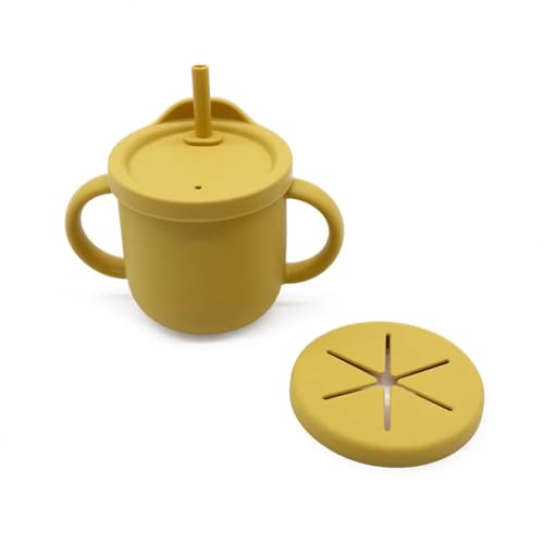 Image of Moonkie Silicone Baby Cups with Straw and Lid for Snacks, 8.5 oz Spill-Proof Sippy Cups, Training Cup for Toddlers Ages (Yellow 2 in 1)