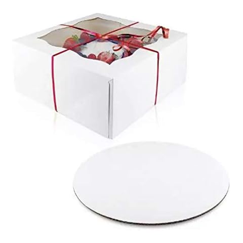 (10 Pack of Each) Cake Boxes Cake Boards Set – 10 Sturdy Cake Boxes 10 x 10 x 5 & 10 Inch Cake Boards - Window Cardboard Cake Boxes / 10 Round Cake Boards in Set (10x10x5) Cover