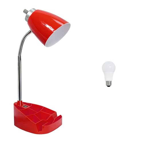 Simple Designs LD1056-RED-LB 18.5″ Gooseneck Organizer Desk Lamp with iPad Tablet Stand Book Holder and USB Port, with LED Bulb, Red