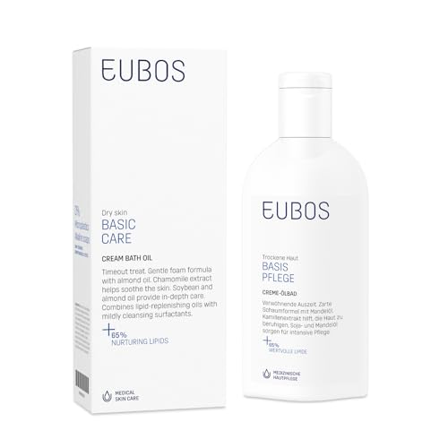 ACEITE DE BAÑO CREMOSO DE EUBOS CUIDADO BÁSICO: para pieles secas | Limpieza delicada | Efecto relipidizante | Con aceite de almendras y extracto de manzanilla | 200ml