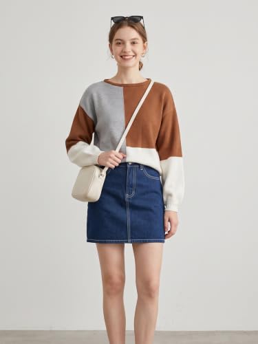 Image of ECOWISH Women Sweater Long Sleeve Color Block Knit Pullover Sweaters Crew Neck Patchwork Casual Loose Jumper Tops