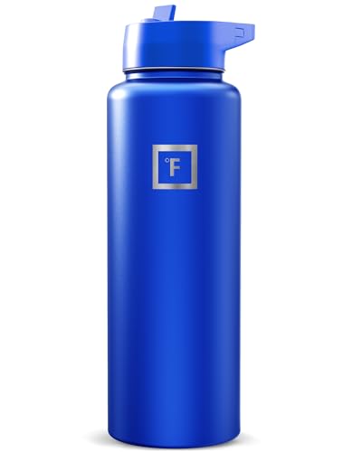 Image of IRON FLASK Camping & Hiking Hydration Flask with Straw, Wide Mouth Insulated Stainless Steel Sports Water Bottle - Cobalt 40 oz - Straw (1 Lid)