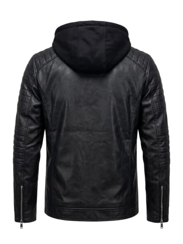 Image of Blaq Ash Men's Faux Leather Biker Jacket with Removable Hood, Quilted Shoulder, Dark Brown