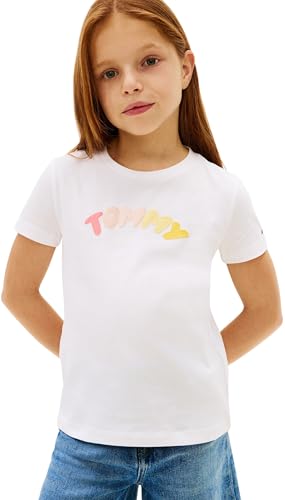 Tommy Hilfiger Bambina T-Shirt Maniche Corte Puff Print in Cotone, Bianco (White), 8 Anni