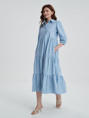 Image of Women Button Down Maxi Shirt Dress Long Sleeve Flowy Tiered Collared Dresses with Pockets