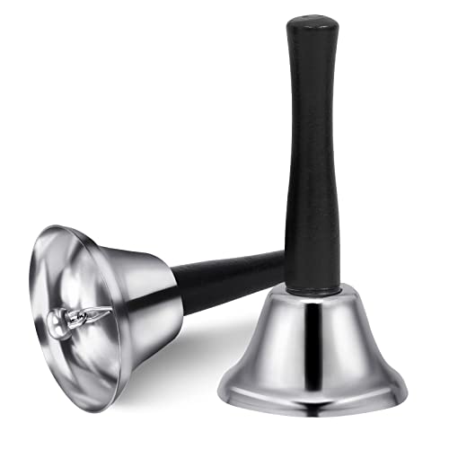 2 Pack Hand Bell, Silver Steel Bell, Small Bell Ringing Bell with Handle for Adults, Dinner Bells for Inside Classroom Bell, for Food Line, Alarm, Jingles, Ringing (Silver)
