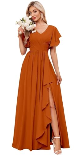 Women's V Neck Short Sleeve Bridesmaid Dresses for Wedding Ruffled Chiffon Evening Formal Gown