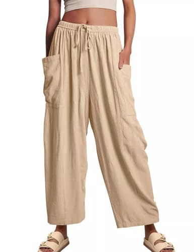 HOTIAN Calça feminina de linho de perna larga para o verão 2025 c...