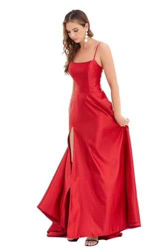 Image of Women's satinprome Dress Long Train Side Slit Satin for Teens Strap Spaghetti Backless with Pockets Red 8