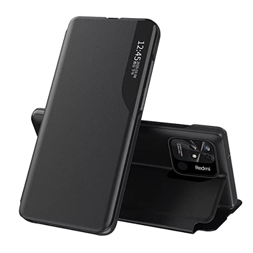 EASSGU Funda de Cuero para Redmi 10C / Poco C40 (6.71' Inches) Ventana Lateral Flip Holder PU Cuero Phone Carcasa Resistente a Golpes Protector Case - Negro