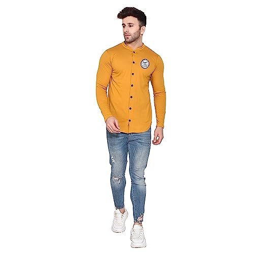 Image of Geum Men's Mandarin Collar Shirt | Slim Fit Full Sleeve Casual Shirt with Printed Chest Logo | Soft Cotton Blend Stylish Button Down for Party, Office