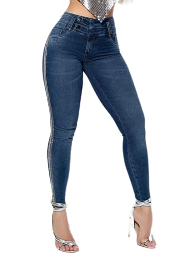 Flamingals Women's Sequin & Rhinestone Decor Dual Button Skinny Jeans High Waist Casual Pants2