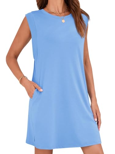 Image of Wenrine Womens Summer Mini Dress Casual Loose Sleeveless Crewneck Slit Basic T Shirt Dresses with Pockets Blue