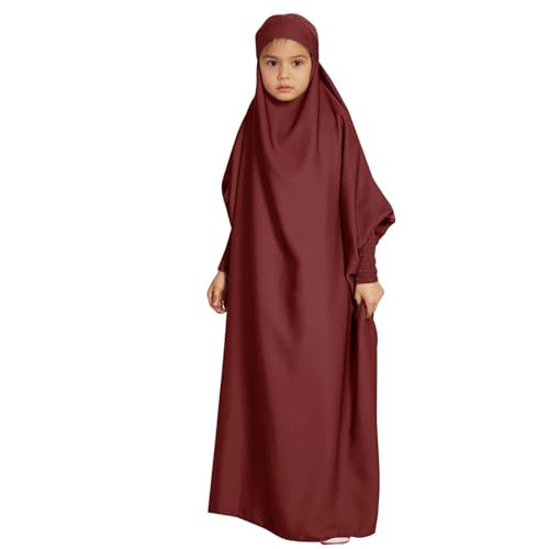 2025 niña musulmana posando vestido de color sólido falda traje nacional ropa árabe para niños, Vino, 13-14 Años