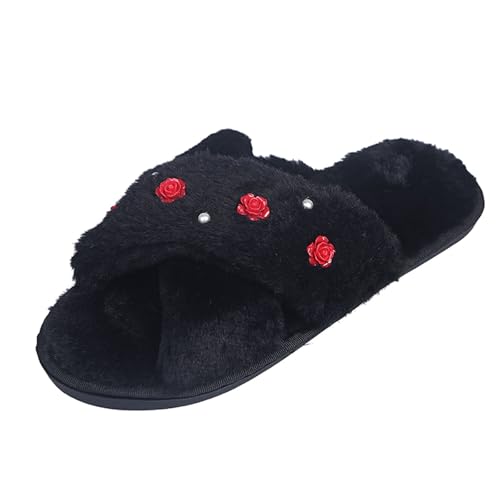 Femme Douces Pantoufles Chaussons Femme Motif Floral Pantoufles Hiver Confortables Enfilade Maison Loisirs Détente (Red, 39)