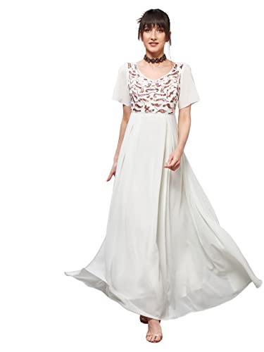 Image of Miss Chase Women's Round Neck Sleeve Embellished Fit Flare Maxi Dress