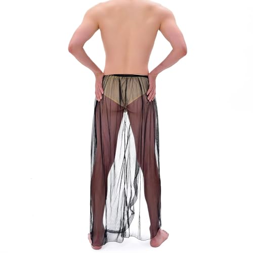 Mens Sexy Pajamas Black Lace Skirt Underwear,See Through Lace robe Night Shirt Sissy Lingere For Men4