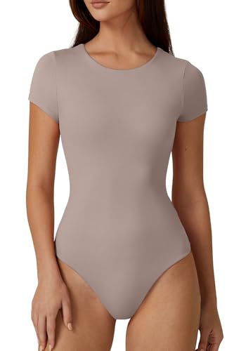 Image of QINSEN Women's Crew Neck Short Sleeve Bodysuit Double Lined Body Suits Basic T-shirt Tops