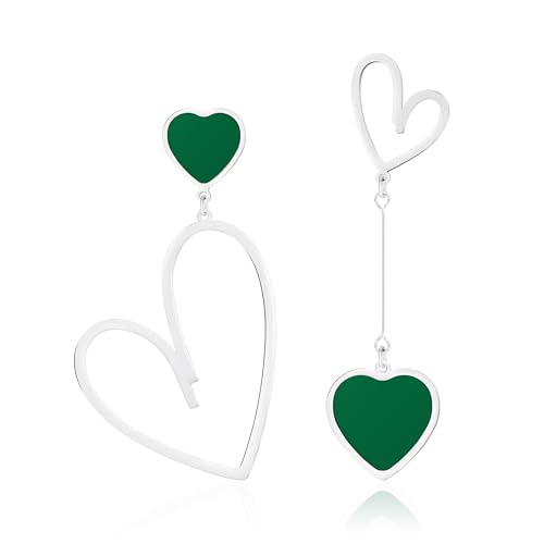 Linawe Pendientes colgantes con forma de corazón verde, pendientes colgantes de acero inoxidable plateados para mujer, pendientes para amante