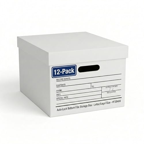 Image of BOX USA Boxes with Lids and Handles (12-Pack) - File Storage Boxes for Office Supplies, Book Storage, Moving, and Packaging