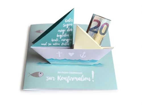 Karte zur Konfirmation Geldgeschenk mit handgefaltetem Boot blau/türkis
