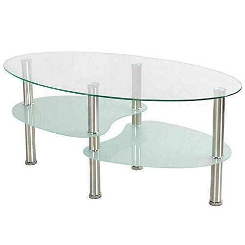 Wefun - Mesa de centro ovalada con tablero de cristal y 3 patas para salón, 90 x 50 x 43 cm, Transparente y blanco., 90 x 50 x 43 cm