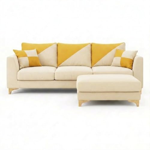 Image of Juliet 4 Seater L Shape Sofa Set with Movable Ottomans | Flexible Layout | Rich Velvet Suede Fabric | Silver Legs | Modern Sofa for Living Room (Cream)