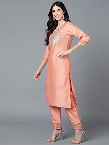 Image of Vaamsi Women's Poly Silk Solid Yoke Design Straight Kurta Set With Dupatta