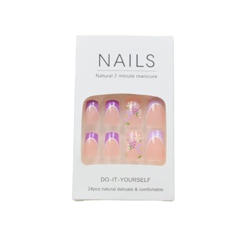 Image of Purple French Tip Press on Nails Medium Square Fake Nails White Flower False Nails with Grape Designs Artificial Acrylic Glossy Glue on Nails Nude Stick on Nails for Women Manicure 24pcs