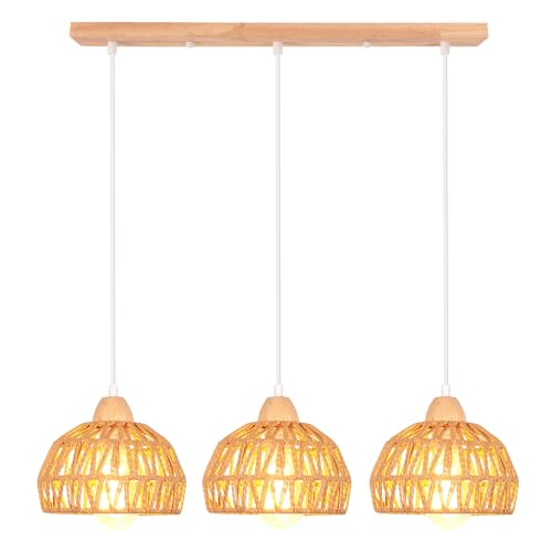 iDEGU 3 Lampes Suspension Luminaire Vintage Lustre Industriel en Bois Rotin Cage Abat-jour Rétro Lampe Plafond E27 Éclairage Décoration Suspension pour...