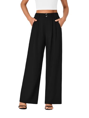 Vrtige Women's Elastic High Waisted Wide Leg Long Pants Office Casual Trousers with Pockets2
