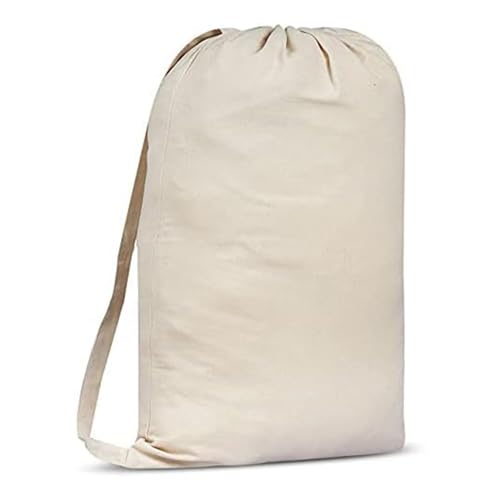 SweetNeedle Sacco portabiancheria in tela di alta qualità con tracolla - 100% cotone, tessuto intrecciato, altamente resistente, chiusura con coulisse, beige, 75x56 cm 40 l