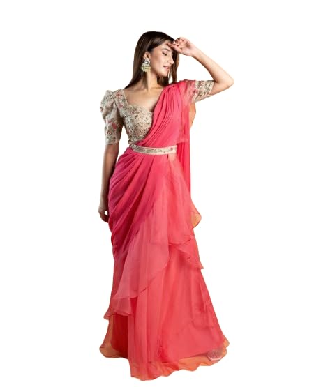 Ready To Wear Lehenga Saree & Belt Set For Women Bollywood Style Apple Organza Silk Fabric on Embrodery Sequance Work Pink Color-image-32