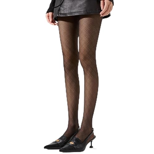 Image of Women's Sheer Tights Diamond Grid Pattern High Waist Control Pantyhose Stretchable Retro See Through Stockings