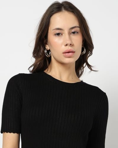 Image of Gap Women Solid Fitted Short Sleeves Round Neck Blouse