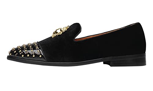 ELANROMAN Men's Loafers Gold Buckle Wedding Party Prom Velvet Dress Shoes3