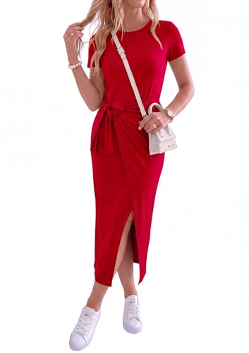 Image of NOLLSOM Women Casual Sleeveless Striped Tank Midi Dresses Halter Neck Ruched Bodycon Dresses Tie Waist T Shirt Summer Dress