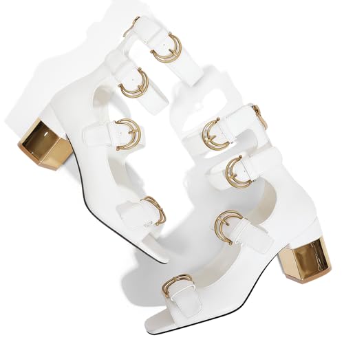 Image of LOCERICH Womens Heeled Sandals Chunky Block Heels Open Toe Strappy Comfortable Ankle Strap Gold Low Heel Dress Shoes for Women - Office, Date, Party, Summer Casual Outings
