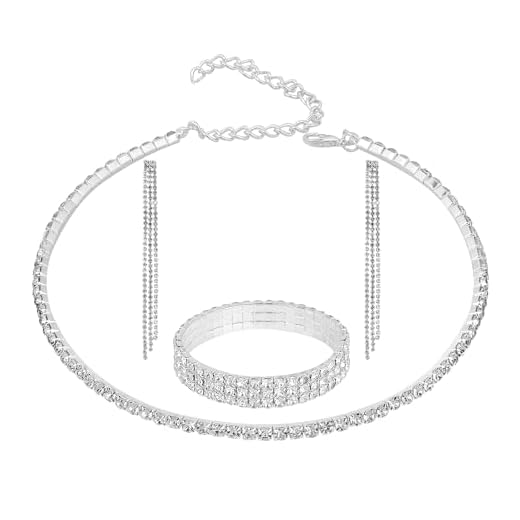 Yolev 3 Stück Brautschmuck Set Hochzeitsschmuck Silber Schmuck Set für Damen braut Strass Halskette Dangle Ohrringe Glänzendes Armband Hochzeit Party Braut Brautjungfer Schmuck