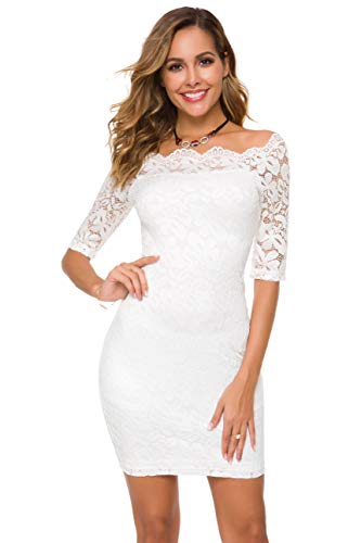 Image of Atnlewhi Womens Vintage Lace Floral Off Shoulder Elegant Swing Dresses A-line Mini Dress for Party Cocktail Wedding